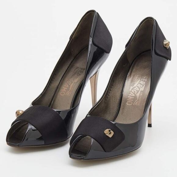 Salvatore Ferragamo Black Patent Leather and Satin Peep Toe Pumps Size 7.5 - Picture 1 of 15